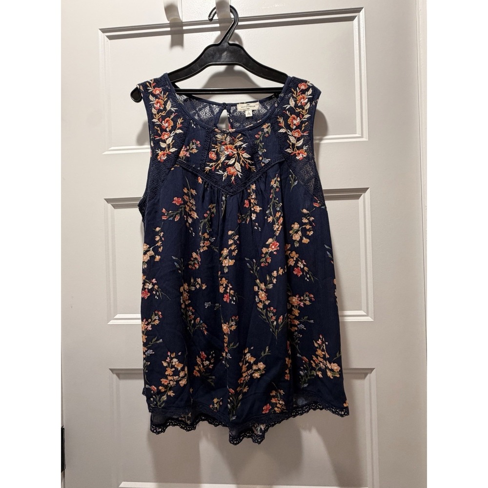 Mason & Belle Floral Embroidered Lace Tank Top Sleeveless Rayon Blouse Blue L